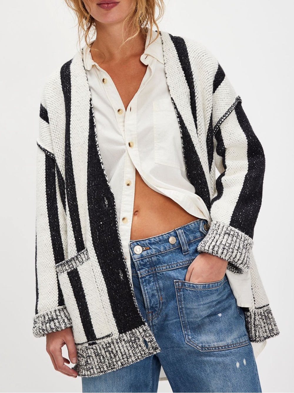 Free People State Side Black White Stripe Cardigan Sweater Oversized Size Small